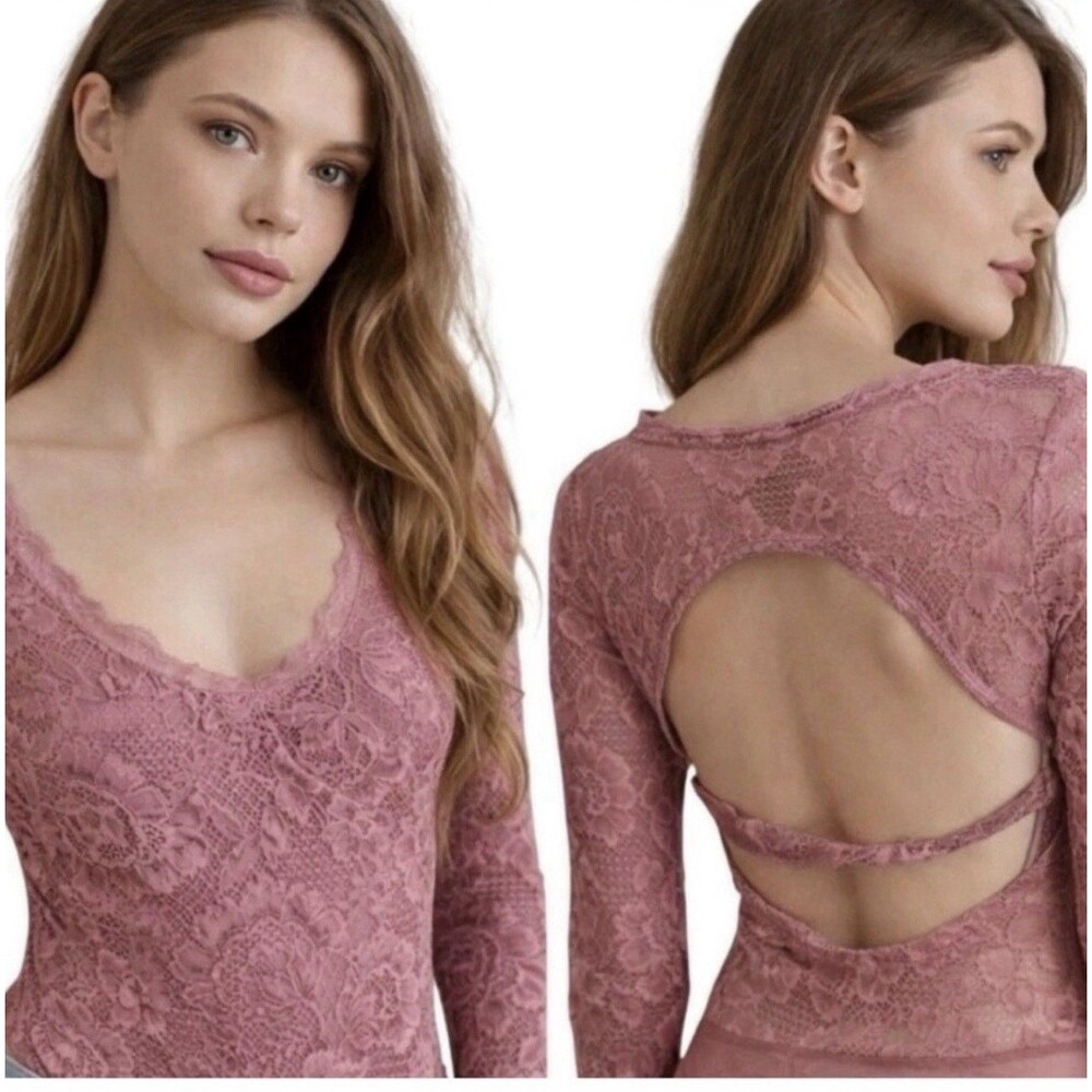 Free People Perfectly Fine Mauve Lace Floral Long Sleeve Bodysuit Large NWT $78